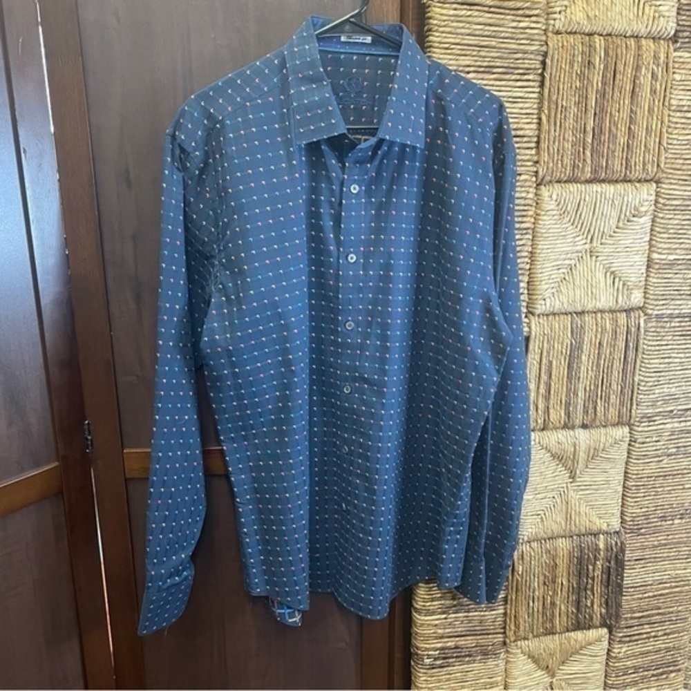 Bugatchi Uomo Shaped Fit Button Down Blue‎ geometry print XL Cotton Shirt